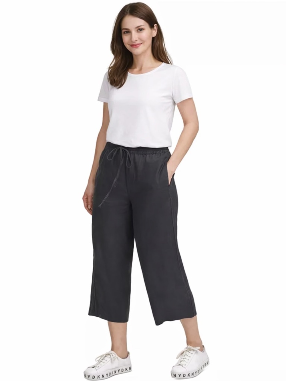 DKNY Pull-On Wide-Leg 100% Linen Black Pants NWT.